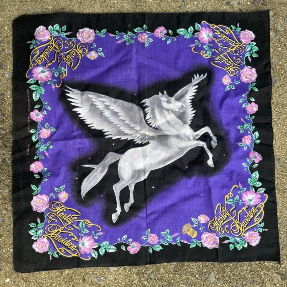 Vintage Harley Davidson Pegasus Bandana Purple Black Rose Made in USA RN16463